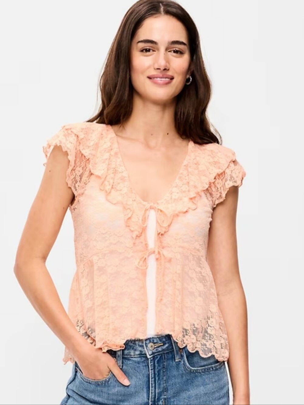 Old Navy Sz Medium Orange Ruffled Lace Top Plunge V-Neck Tie Front Sheer NWT